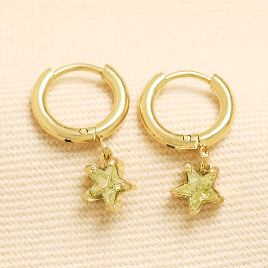 Stainless Steel Birthstone Star Charm Huggie Hoop Earrings in Gold - August