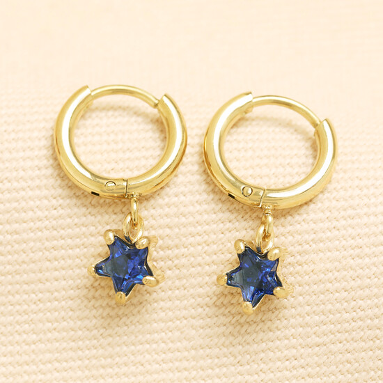 Stainless Steel Birthstone Star Charm Huggie Hoop Earrings in Gold - September
