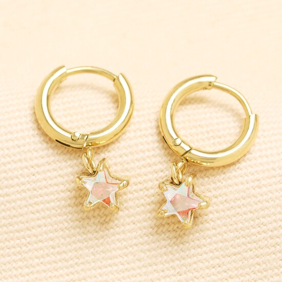 Stainless Steel Birthstone Star Charm Huggie Hoop Earrings in Gold - October