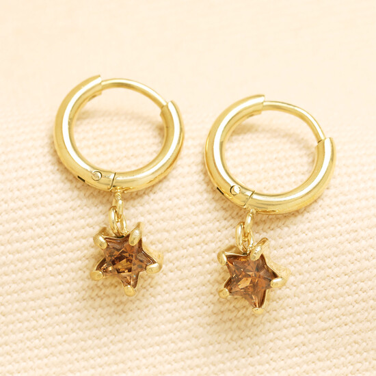 Stainless Steel Birthstone Star Charm Huggie Hoop Earrings in Gold - November