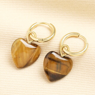Semi Precious Tiger's Eye Heart Charm Huggie Hoop Earrings in Gold