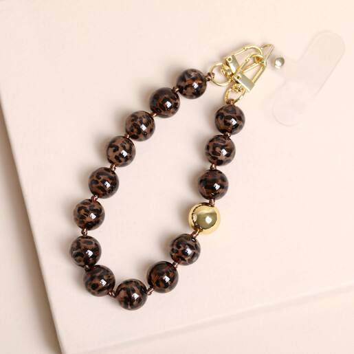 Brown leopard print beaded phone charm wrist strap with gold bead and clasp