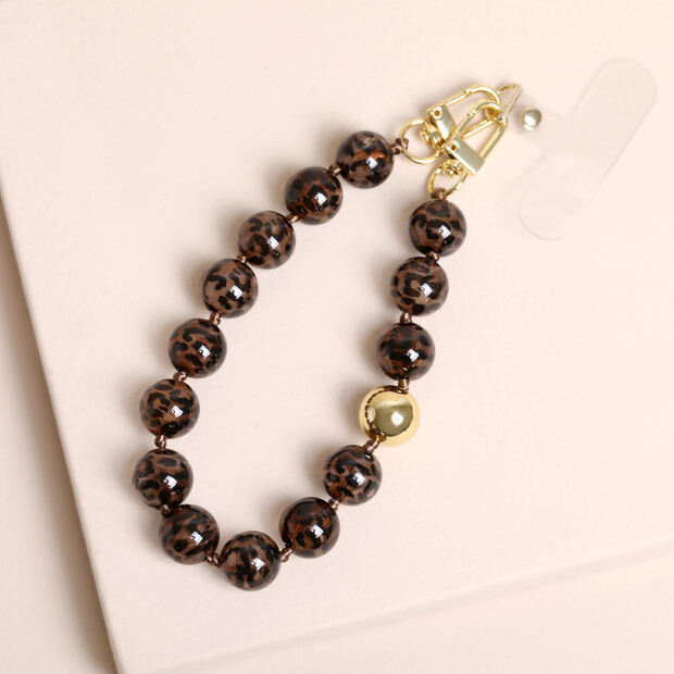 Leopard Print Beaded Phone Charm Wrist Strap Chain in Gold
