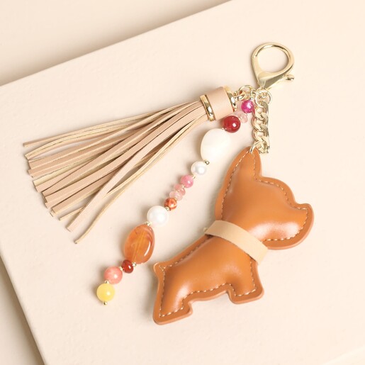 Tan faux leather dog bag charm with tassel and colourful semi precious beads