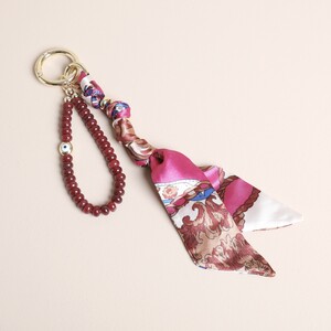 Red Semi Precious Beaded Stone and Fabric Keyring and Bag Charm