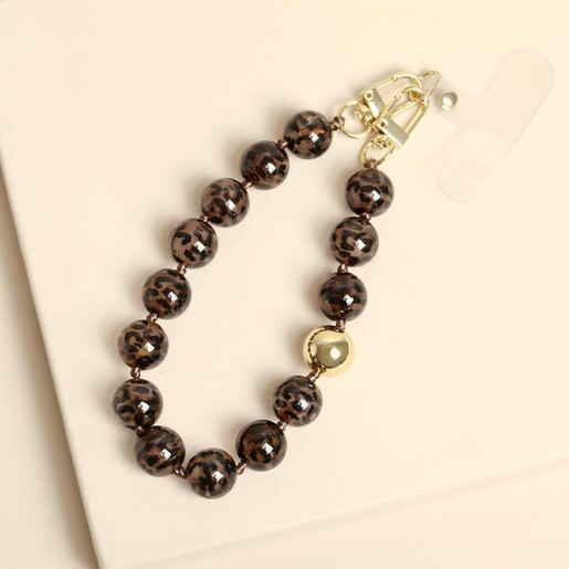 Brown leopard print beaded phone charm wrist strap with gold bead and clasp