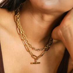 Stainless Steel Double Layer T-Bar Pendant Necklace in Gold