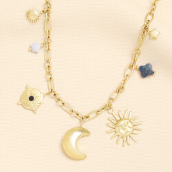 Stainless Steel Moon and Star Charm Necklace in Gold