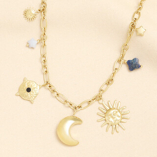 Stainless Steel Moon and Star Charm Necklace in Gold
