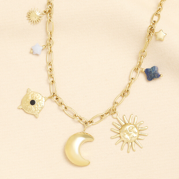 Stainless Steel Moon and Star Charm Necklace in Gold