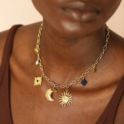 Stainless Steel Moon and Star Charm Necklace in Gold