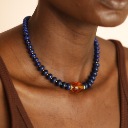 Midnight Blue Semi Precious and Tortoiseshell Beaded Necklace in Gold