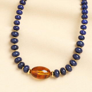 Midnight Blue Semi Precious and Tortoiseshell Beaded Necklace in Gold