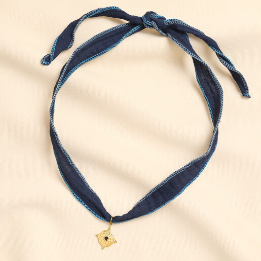 blue and gold ribbon pendant necklace