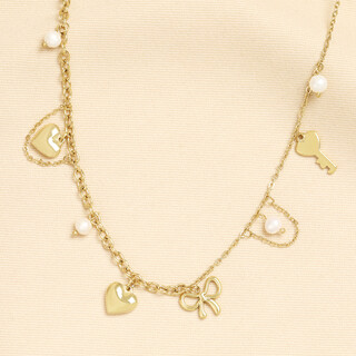 Stainless Steel Heart Locket and Pearl Chunky Charm Necklace in Gold
