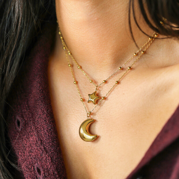 Stainless Steel Celestial Double Chain Necklace in Gold