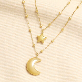 Stainless Steel Celestial Double Chain Necklace in Gold