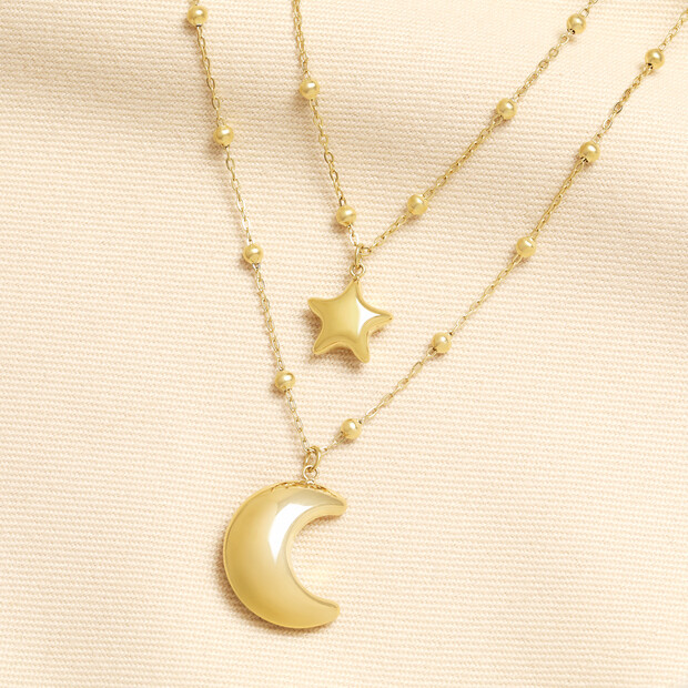 Stainless Steel Celestial Double Chain Necklace in Gold