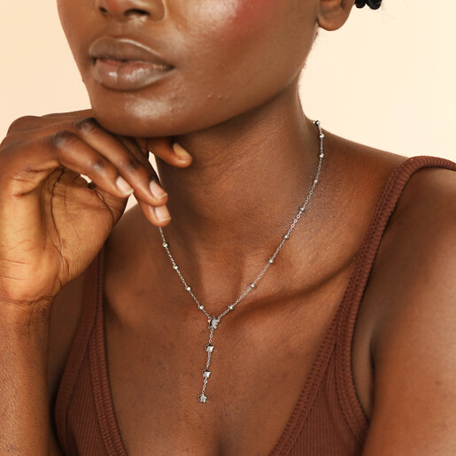 waterproof lariat necklace in silver on model