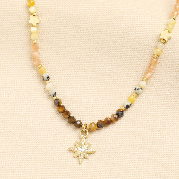 Blush Semi Precious Stone Star Charm Beaded Necklace in Gold