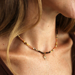 Blush Semi Precious Stone Star Charm Beaded Necklace in Gold