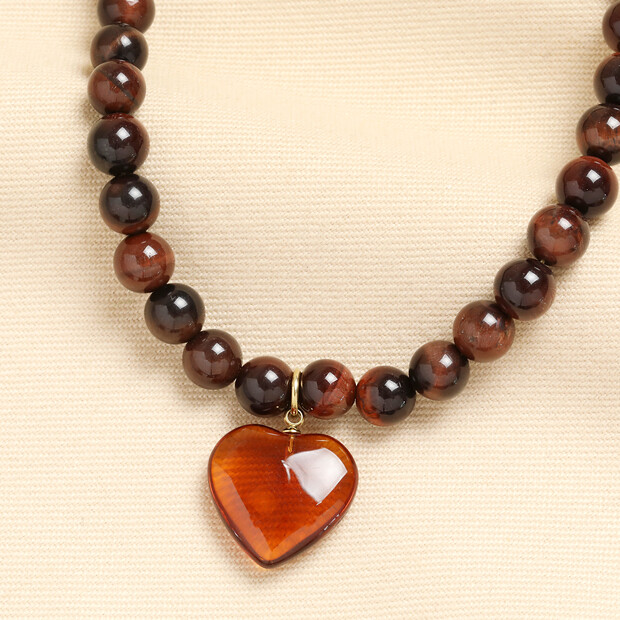 Brown Semi Precious Beaded Heart Pendant Necklace