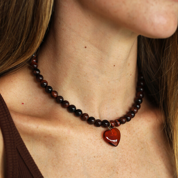 Brown Semi Precious Beaded Heart Pendant Necklace