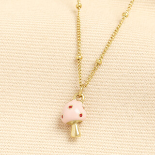 Stainless Steel Enamel Spotty Pink Mushroom Pendant Necklace in Gold
