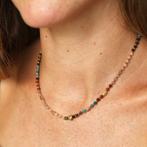 model shot of semi precious necklace in earthy tones