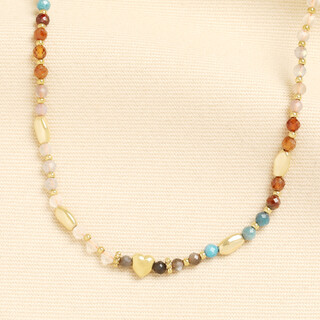 Earthy Semi Precious Beaded Heart Necklace in Gold