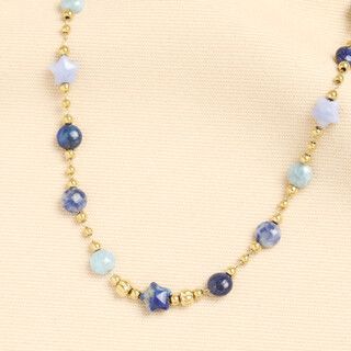 Blue Semi Precious Stone Star Beaded Necklace in Gold