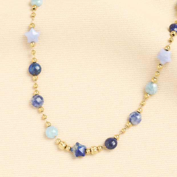 Blue Semi Precious Stone Star Beaded Necklace in Gold