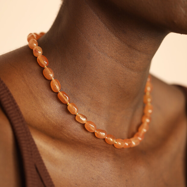 Semi Precious Orange Beaded Necklace in Gold