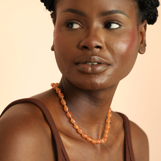 beaded necklace on model 