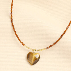Semi Precious Tiger's Eye Beaded Heart Pendant Necklace in Gold