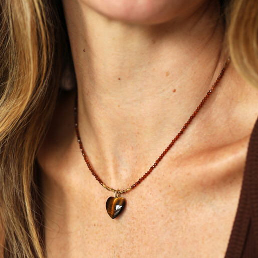 model shot of brown heart pendant beaded necklace