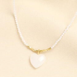 Semi Precious White Jade Beaded Heart Pendant Necklace in Gold