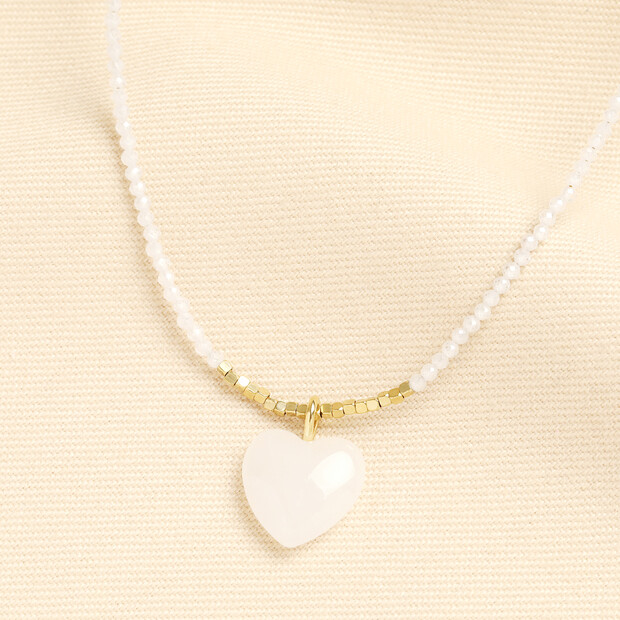 Semi Precious White Jade Beaded Heart Pendant Necklace in Gold