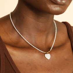 Semi Precious White Jade Beaded Heart Pendant Necklace in Gold