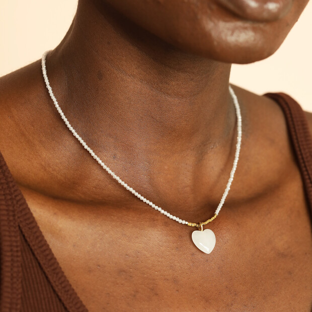 Semi Precious White Jade Beaded Heart Pendant Necklace in Gold