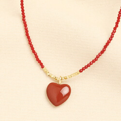 Semi Precious Red Jasper Beaded Heart Pendant Necklace in Gold