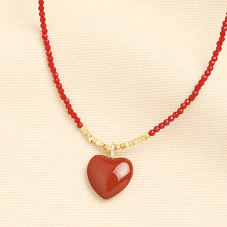 Semi Precious Red Jasper Beaded Heart Pendant Necklace in Gold
