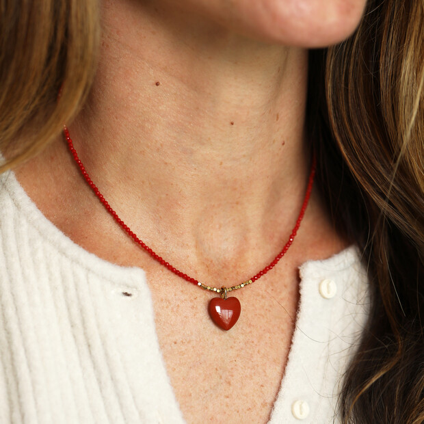 Semi Precious Red Jasper Beaded Heart Pendant Necklace in Gold