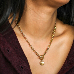 Stainless Steel Chunky T-Bar Heart Charm Necklace in Gold