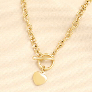 Stainless Steel Chunky T-Bar Heart Charm Necklace in Gold