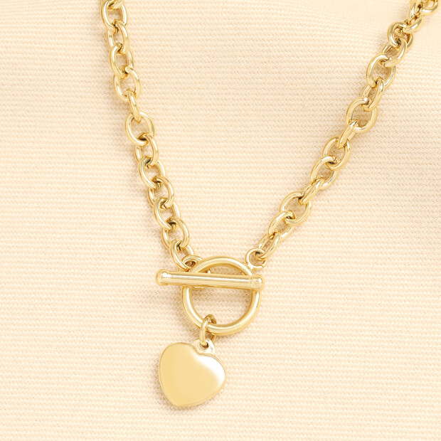 Stainless Steel Chunky T-Bar Heart Charm Necklace in Gold