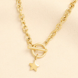 Stainless Steel Chunky T-Bar Star Charm Necklace in Gold