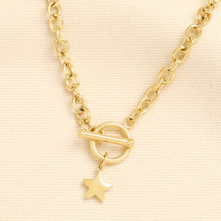 Stainless Steel Chunky T-Bar Star Charm Necklace in Gold