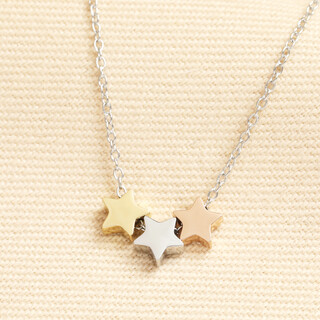 Stainless Steel Mixed Metal Triple Star Charm Necklace