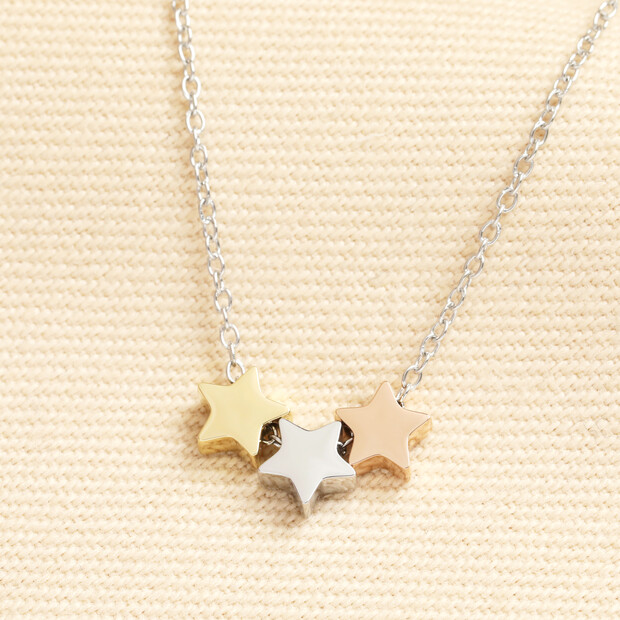 Stainless Steel Mixed Metal Triple Star Charm Necklace